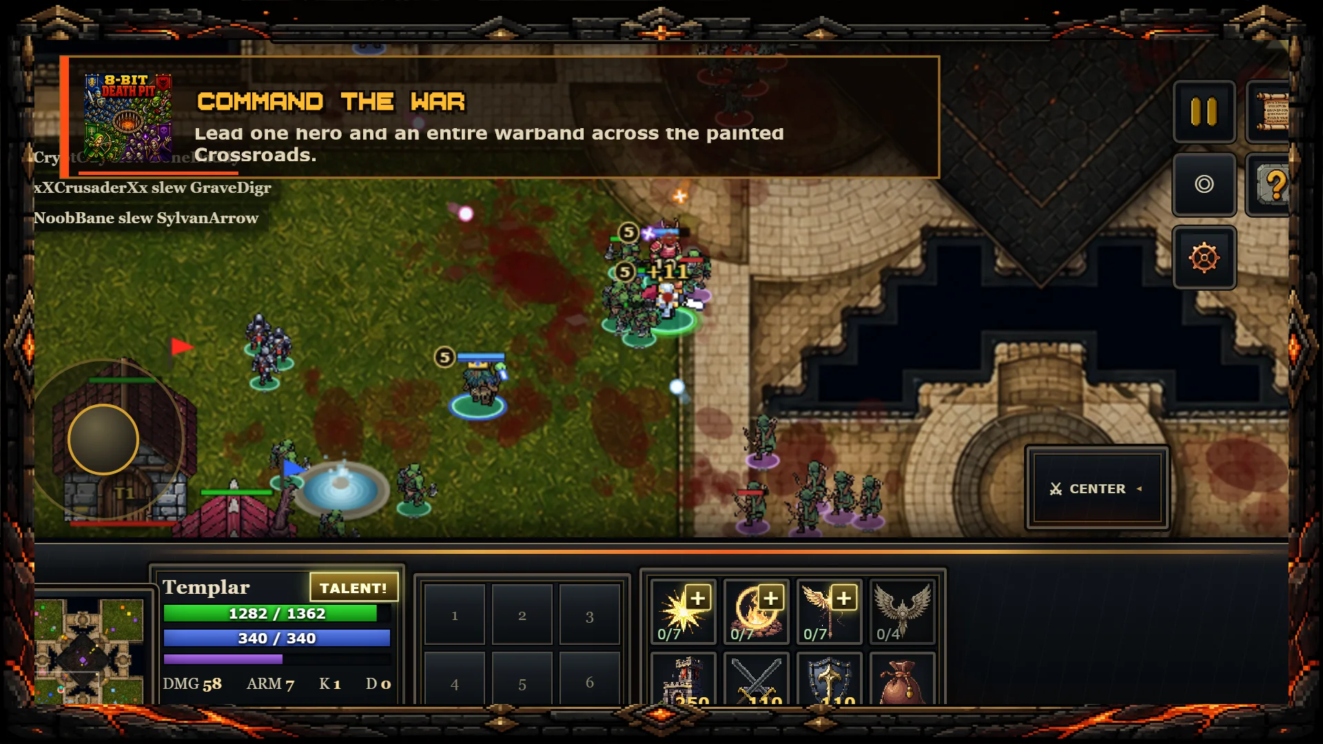 A current Footman Frenzy match with four armies fighting across the painted Crossroads battlefield