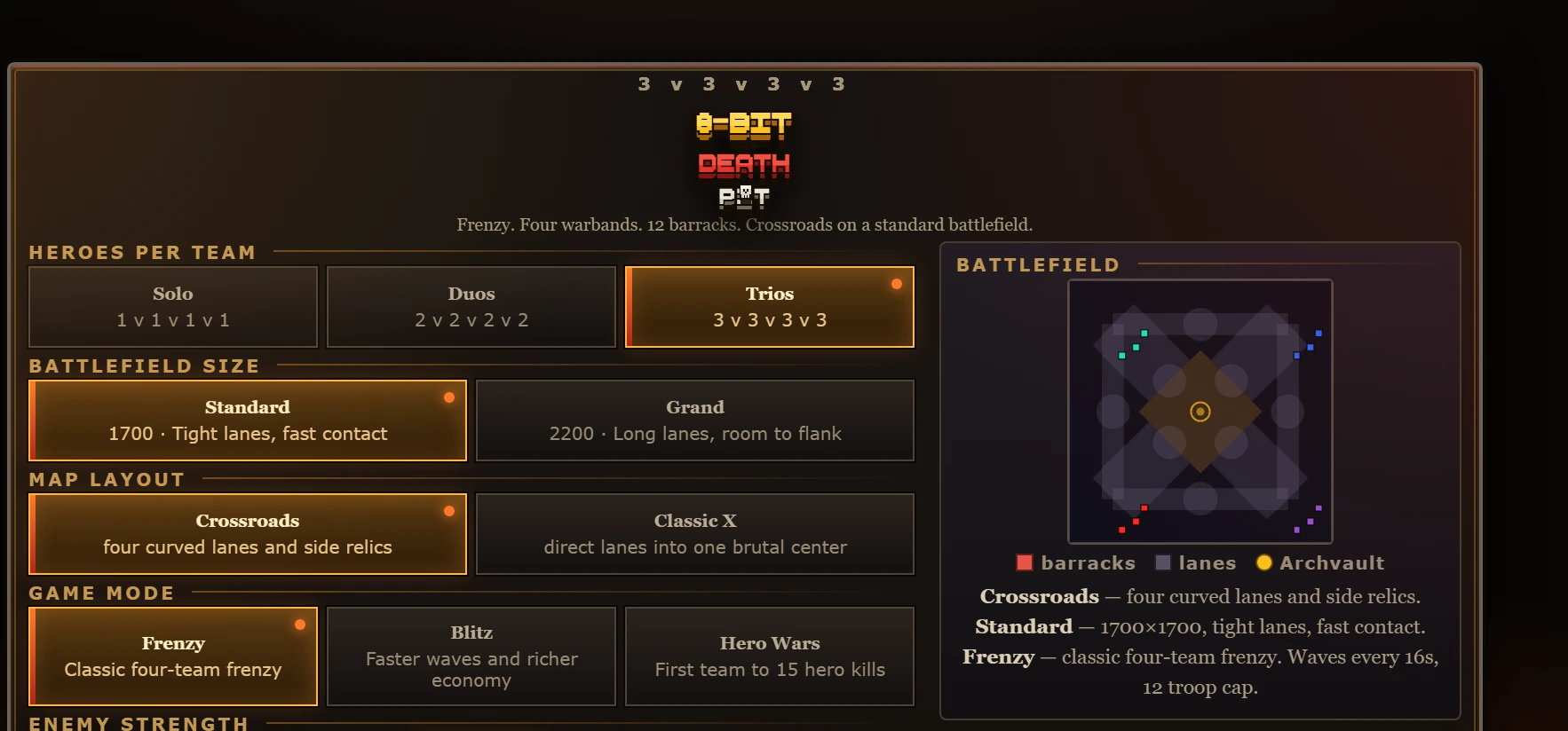 Battle setup screen showing player count, battlefield size, layout, and game mode options