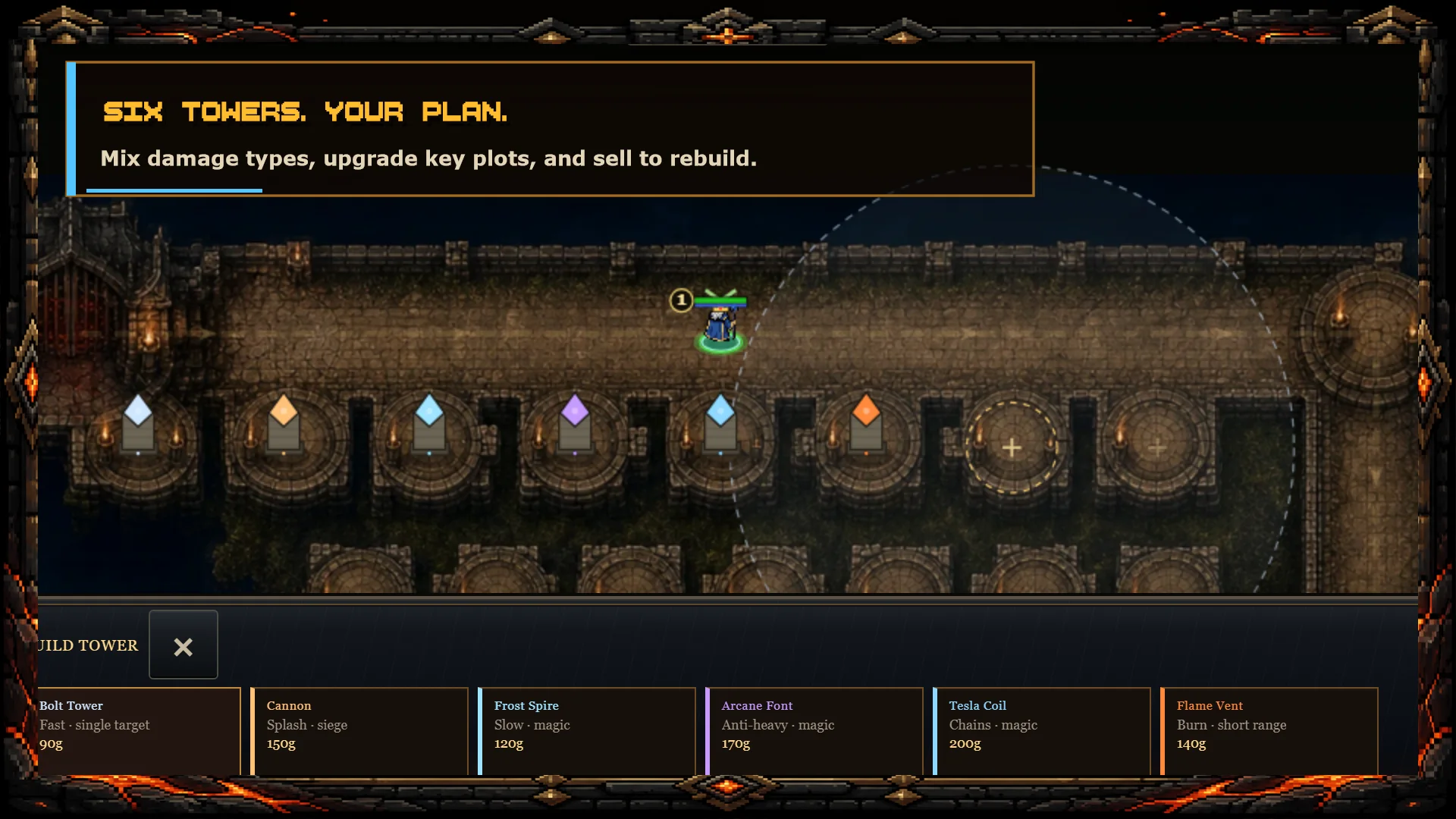 The current compact Tower Defense build tray showing all six tower classes without covering the battlefield